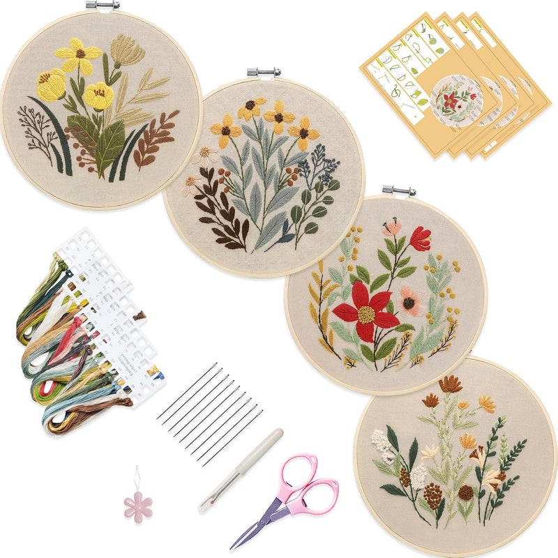 Bonroy 4 Sets Embroidery Set for Beginners, Art Craft, Easy Sewing, Includes Embroidery Clothing, Pattern, Embroidery Hoop, Instruction Manual, Colorful Thread Stitch Set (11) - Image 1
